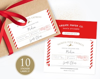 May include: A set of 10 North Pole Express Santa stickers. The stickers are white with red and white stripes and feature a gold reindeer and the text "North Pole Express" and "Special Delivery For:". The stickers also have a checkbox for "Naughty" or "Nice" and a space to write a name. The stickers are made by Kreate Paper Co. and are made in the USA.