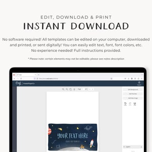 May include: A computer screen displaying a website with a blue and white design. The website is for a company called "Corjl" and "Ke Paper Co." The screen shows a template for a pillow with a space theme. The pillow has a blue background with stars, planets, and a rocket ship. The text "YOUR TEXT HERE" is on the pillow. The website has buttons for editing the background, adding text boxes, and adding images.