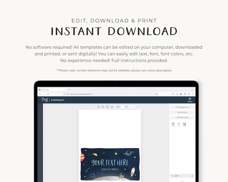 May include: A computer screen displaying a website with a blue and white design. The website is for a company called "Corjl" and "Ke Paper Co." The screen shows a template for a pillow with a space theme. The pillow has a blue background with stars, planets, and a rocket ship. The text "YOUR TEXT HERE" is on the pillow. The website has buttons for editing the background, adding text boxes, and adding images.