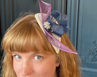 Fascinator 'Luna' in Plum, Navy and Cream with Diamantes, Wedding Mini-Hat Cocktail Hat