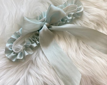 Ice Blue and Ivory Silk Bow Garter, Something Blue, Ruffle Bridal Garter, Elasticated Stretchy Garter, Gift For Bride To Be