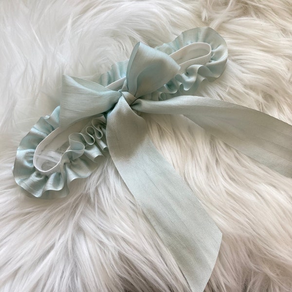 Ice Blue and Ivory Silk Bow Garter, Something Blue, Ruffle Bridal Garter, Elasticated Stretchy Garter, Gift For Bride To Be