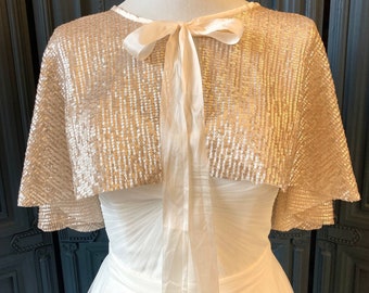 Rose Gold Bridal Cape, Champagne Sequinned Tulle Capelet, Sparkly Wedding Dress Cover Up, Bridal Topper, Bridal Shawl