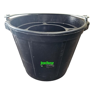 May include: A black plastic bucket with a metal handle. The bucket has a wide opening and a tapered shape. The text "Iron Horse Welding" is printed in green on the side of the bucket.