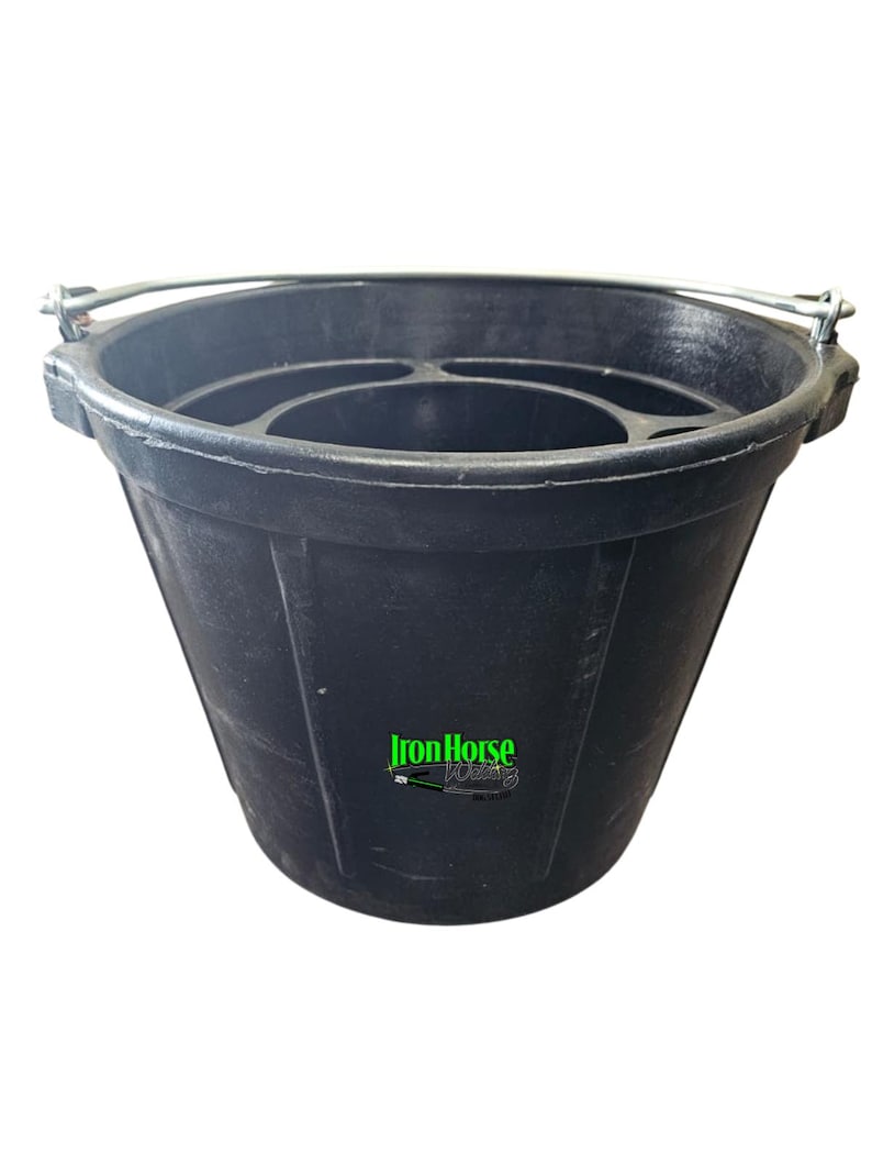 May include: A black plastic bucket with a metal handle. The bucket has a wide opening and a tapered shape. The text "Iron Horse Welding" is printed in green on the side of the bucket.