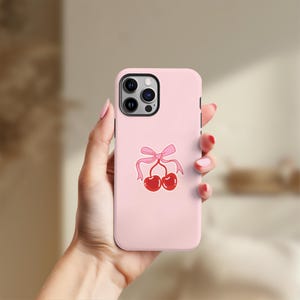 Pink Bow Cherries, iPhone Tough Case, Cute Cell Phone Cover, Protective Phone Case, Girly Accessories, Cherry Theme Tech Gear