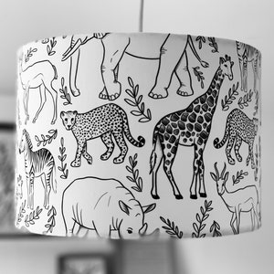 Safari lampshade, safari monochrome unisex lamp shade, animal lampshade, safari theme, black and white theme, nursery decor, Jungle