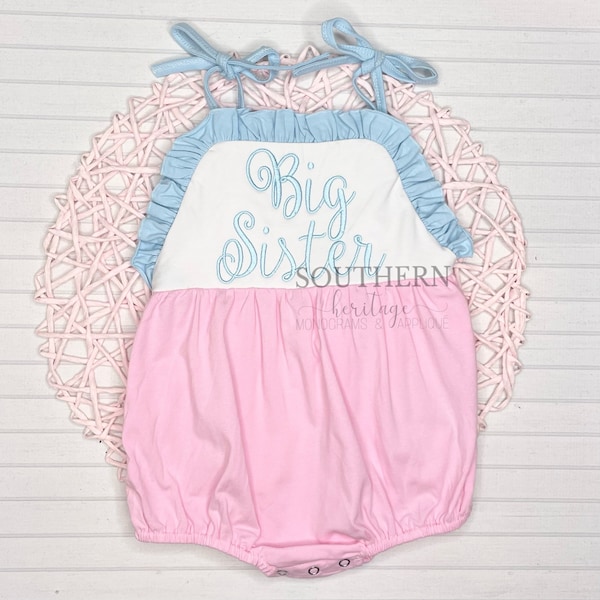 Big Sister Monogram Ruffle Tie Sunsuit Bubble Romper