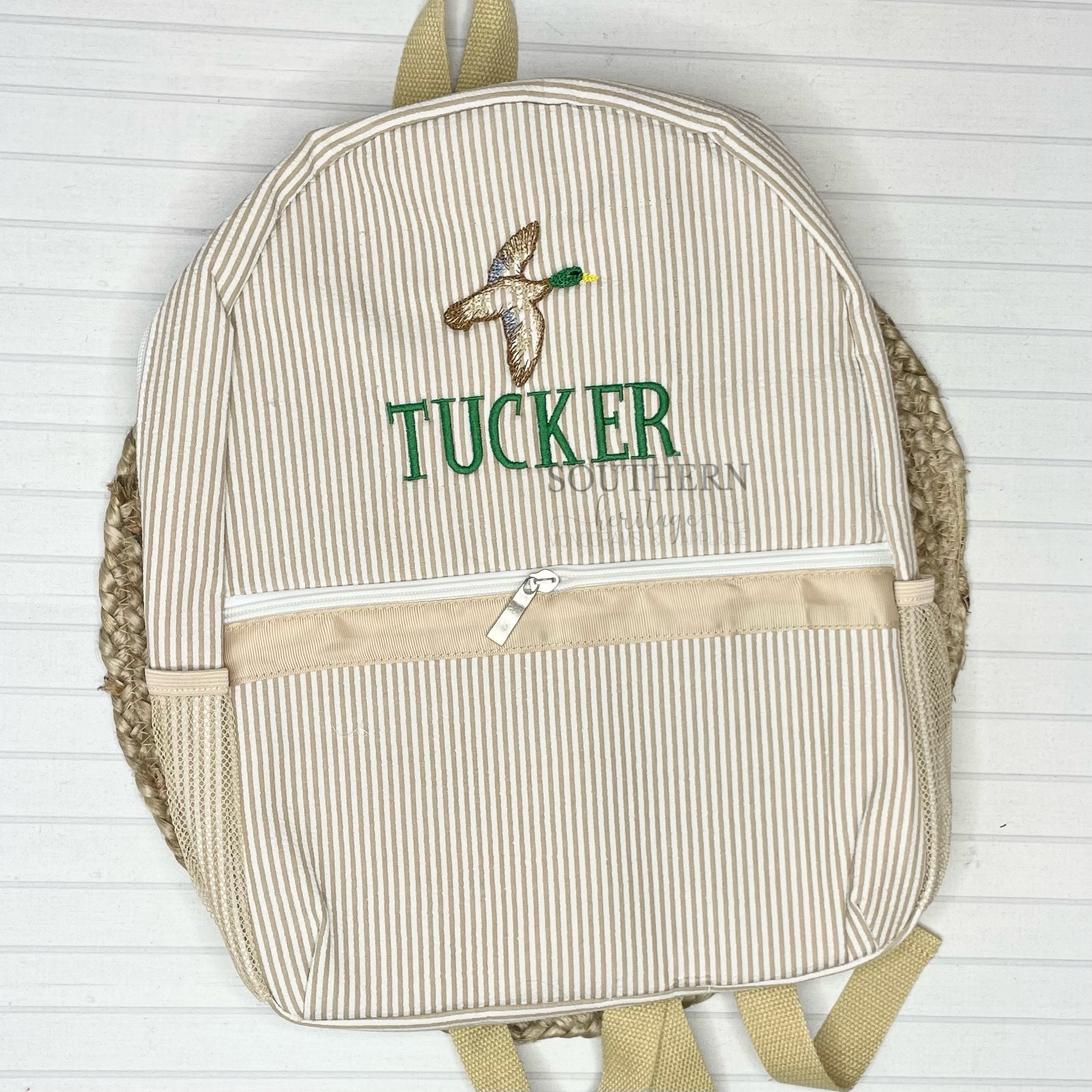 Personalized Seersucker Backpack with Baseball Trio Applique, Seersuck