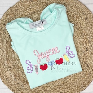 School Apples Pencil Crayon Scissors with Bows Personalized Embroidered Shirt/Dress/Romper/Bubble