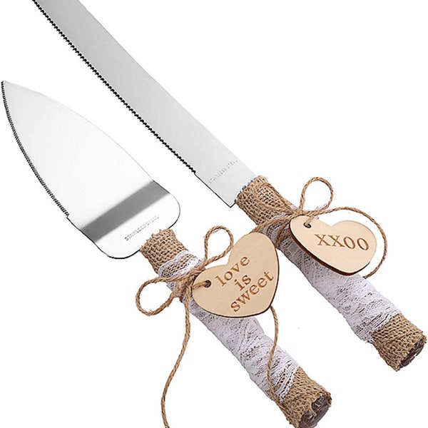 Rustic Style Stainless Steel Wedding Cake Knife and Serving Set Resin Plastic Handle with Twine Heart Love Wood Tag and Burlap Lace Design
