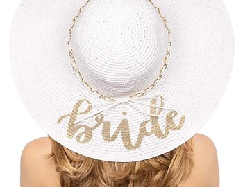 Bride Sun Hat | Bachelorette Beach Gift, Bridal Favor, Honeymoon, Wedding, Engagement White, Gold