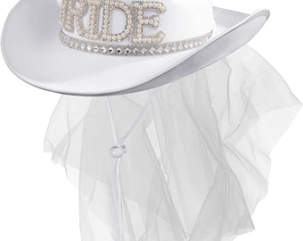 Bridal Cowboy Hat and Veil Bachelorette Party,White Cowgirl Hat Wedding Bridal Shower Decoration,Bride to be Gift,Country-Western