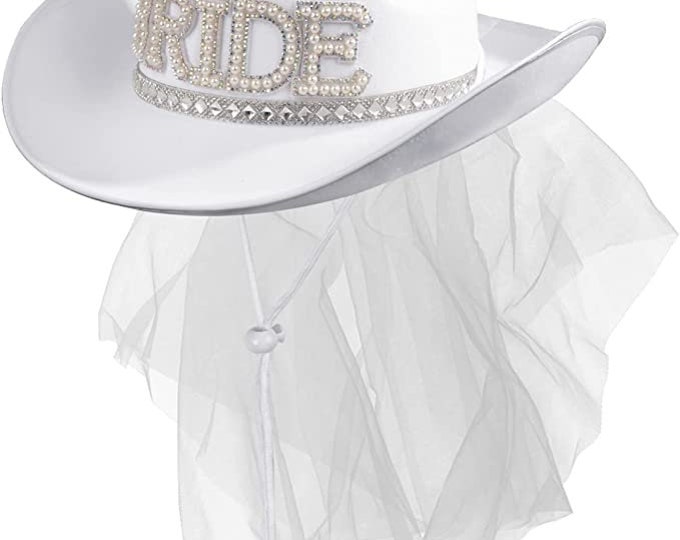 Bridal Cowboy Hat and Veil Bachelorette Party,White Cowgirl Hat Wedding Bridal Shower Decoration,Bride to be Gift,Country-Western