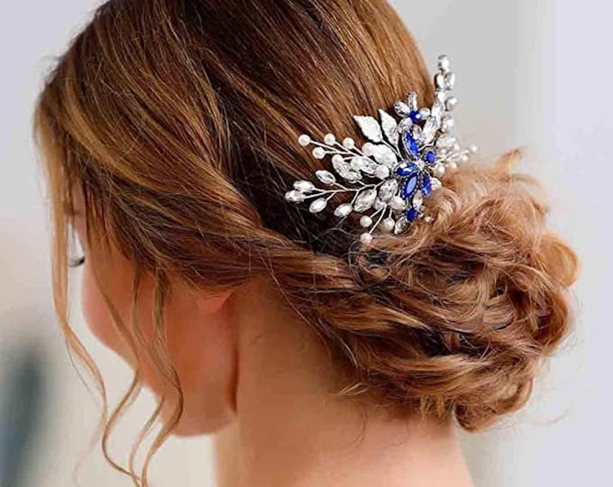 Wedding Hair Comb Blue Rhinestone Bridal Hair Accessories for Bride and Bridesmaids Wedding Hair Piece Silver