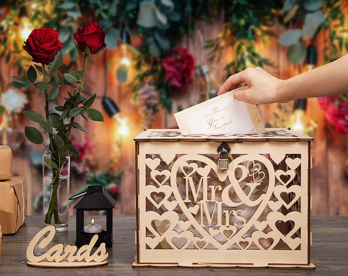 Wedding Card Box With Lock and Key, Card Box for Wedding, Rustic Wedding Decorations for Reception, Wedding Card Boxes for Reception