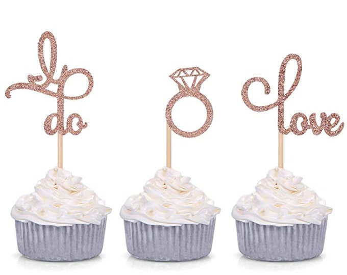 Set of 24 Gold Glitter Love Diamond Ring I Do Cupcake Toppers for Wedding Bridal Shower Decorations …