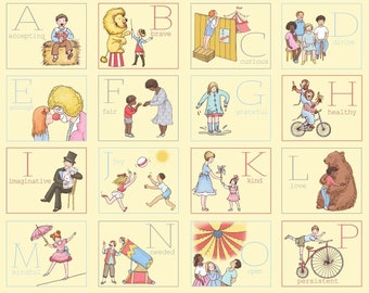 Könnte beinhalten: Ein farbenfroher Alphabet-Chart mit Illustrationen von Kindern und Tieren. Jeder Buchstabe ist mit einem Wort gepaart, das eine positive Charaktereigenschaft beschreibt, wie zum Beispiel akzeptierend, mutig, neugierig und freundlich. Der Chart hat einen gelben Hintergrund mit roten und blauen Akzenten.