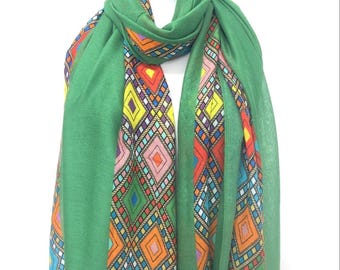 Green Bamboo Scarf – Habesha Tilet Design, Boho Head Wrap