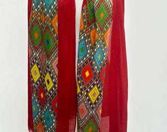 Red Bamboo Scarf, Habesha Tilet Design, Boho Head Wrap - warm color
