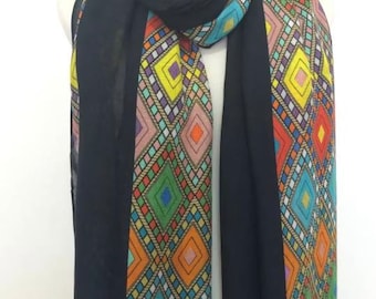 Black Habesha Tilet Scarf – Organic Bamboo Head Wrap warm color. Scarf for women winter