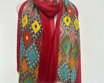 Red, Yellow, blue, black Cultural scarf with Habesha Tilet design| Unique traditional head wrap| Earthy friendly turban|Organic soft Bridal