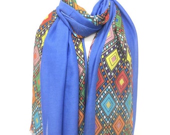 Blue Bamboo Scarf with Habesha Tilet Design – Organic Head Wrap- scarf for Women winter