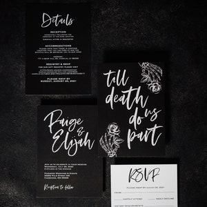 dramatic wedding invitations, bold wedding invitations, till death due us part wedding invite, halloween wedding inspiration, gothic wedding