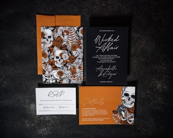 Gothic Skull Halloween Wedding Invitations, Printable Template (Canva PRO)