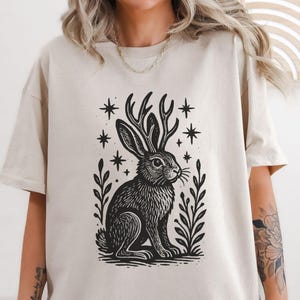 Lino Cut Style Whimsigoth Jackalope Shirt, Fairy Grunge Cottage Core Gift For Rabbit Lover, Fairycore Bunny Shirt, Goblincore Shirt