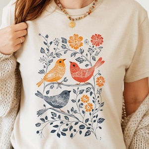 Cottagecore Bird and Flowers Shirt, Lino Cut Bird Shirt,  Folk Art T Shirt, Plus Sizes and Oversized TShirts, Bird Lover Shirt, Flower Gift