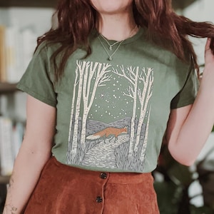 Cottagecore Fox Shirt, Folklore Forest Fox Lino Print Shirt, Vintage Forestcore TShirt, Folk Art Linocut Fox T-Shirt, Cottagecore Aesthetic