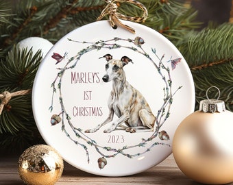 Personalized Greyhound Ornament,  Custom Dog Ornament, Puppy Ornament, Dog Name Ornament, Dogs First Christmas, Dog Mom Ornament,