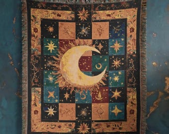 Boho Sun and Moon Woven Blanket, Celestial Patchwork Throw Blanket, Sun Moon Tapestry, Celestial Throw, Witchy Decor, Astrology Inspired