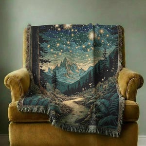 Enchanted Forest Woven Blanket, 100% Cotton Celestial Fantasy Mountain Throw, Moody Woodland Tree Tapestry