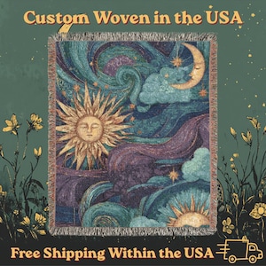Whimsigoth Sun and Moon Woven Throw, 100% Cotton Purple Celestial Blanket, Cozy Witchy Tapestry, Mystical Dorm Room Decor image 7