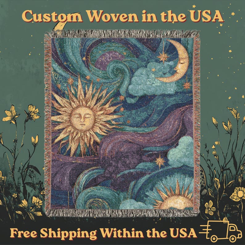 Whimsigoth Sun and Moon Woven Throw, 100% Cotton Purple Celestial Blanket, Cozy Witchy Tapestry, Mystical Dorm Room Decor image 7