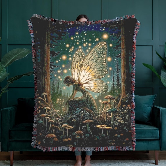 Woodland Fairy Glow Woven Throw, Ethereal Fantasy Blanket, Magical Cozy Decor, 100% Cotton Cottagecore Blanket