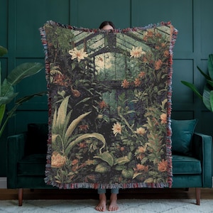 Dark Academia Victorian Conservatory Woven Throw – Botanical Ferns 100% Cotton Gothic Blanket, Moody Floral Tapestry, Witchy Decor