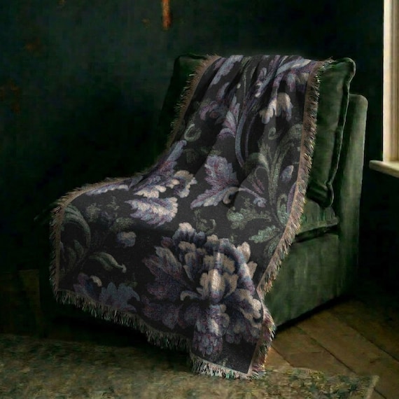 Dark Floral Botanical Woven Throw, 100% Cotton Dark Academia Gothic Blanket, Whimsigoth Tapestry, Cozy Witchy Gift