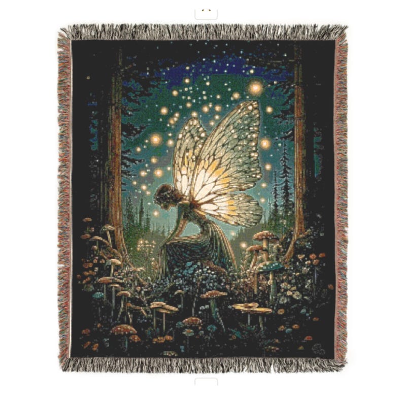 May include: A woven throw blanket featuring a fairy in a forest scene. The fairy has large, detailed wings and is surrounded by mushrooms and glowing lights. The blanket has a dark background with a fringed edge.