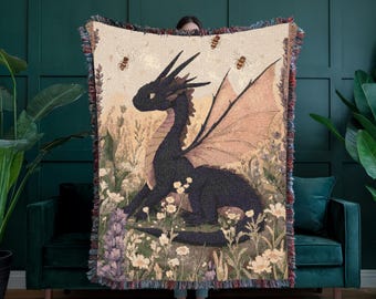 100% Baumwolle Floral Dragon gewebte Decke, verzauberte Garten werfen für Fantasy Decor, mythische Kreatur Geschenk für Drachenliebhaber