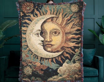 Manta tejida de Sol y Luna: tapiz de tarot celestial, regalo de astrología Whimsigoth, decoración gótica cósmica, manta mística para dormitorio.