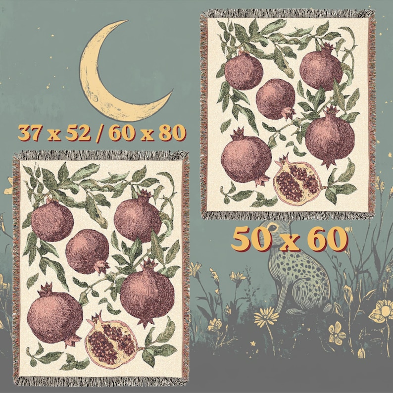 May include: Two woven throw blankets featuring a botanical pomegranate pattern with green leaves and deep red fruit on a cream background. The text 37 x 52 / 60 x 80 and 50 x 60 is displayed in orange, alongside a yellow crescent moon illustration.