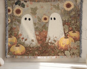 Halloween Woven Throw Blanket, Cute Ghosts and Pumpkins Tapestry, Cozy Fall Decor, Sunflower Blanket Whimsical Halloween Throw Spooky Season
