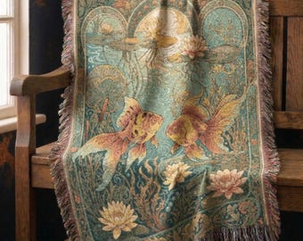 Art Nouveau Goldfish Woven Throw, Whimsical Fish Tapestry, Zen Home Decor Gift