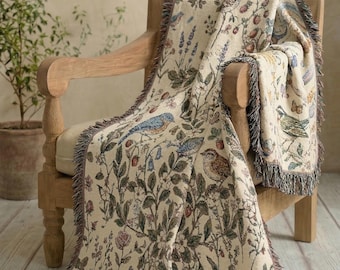 Cottagecore Songbird Woven Throw, 100% Cotton Floral Botanical Blanket, Cozy Garden Tapestry, Nature Lover Gift