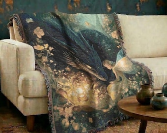 Enchanted Dragon 100% Cotton Woven Blanket, Fantasy Throw for Gothic Home Decor, Mythical Creature Medieval Tapestry