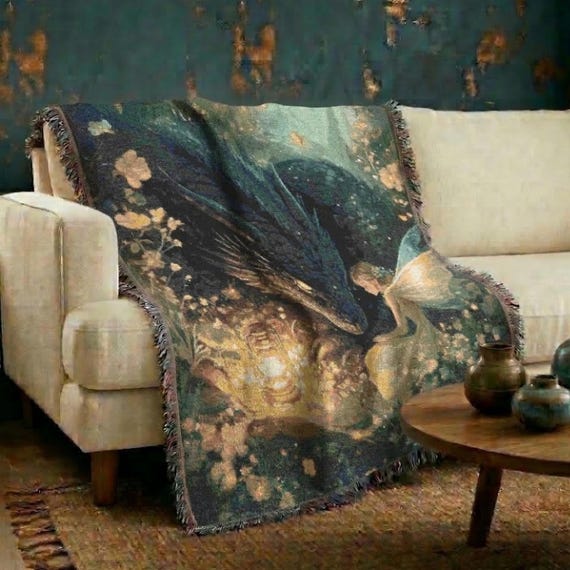Enchanted Dragon 100% Cotton Woven Blanket, Fantasy Throw for Gothic Home Decor, Mythical Creature Medieval Tapestry