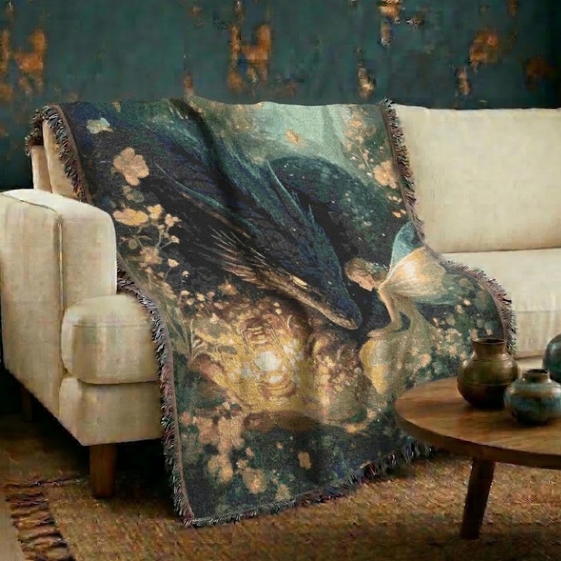 Enchanted Dragon 100% Cotton Woven Blanket, Fantasy Throw for Gothic Home Decor, Mythical Creature Medieval Tapestry image 1
